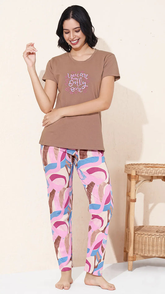 Fawn Printed Half Sleeves Round Neck