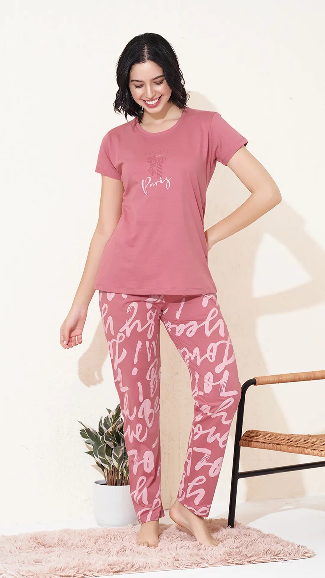 Pink Printed Half Sleeves Round Neck