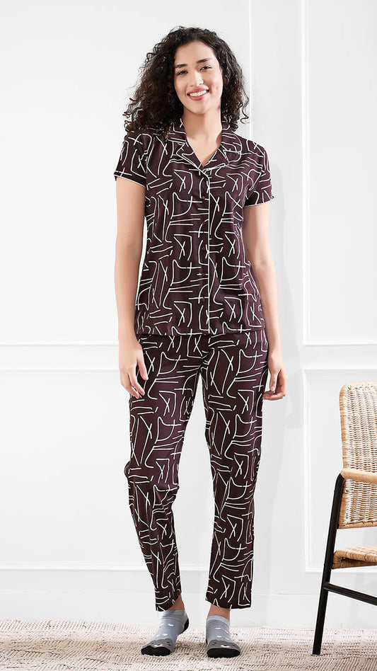 Sukanya  Women's Printed Sinker Nightsuit Set, Frount Open Lounge Wear Nightdress Pyjama Set Sleepwear, Brawon Printed Half Sleeves Round Neck