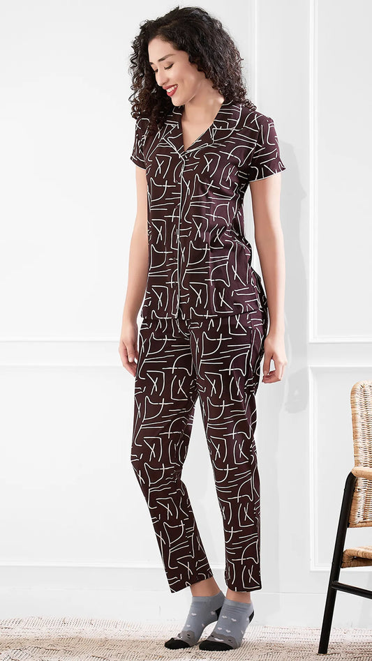 Sukanya  Women's Printed Sinker Nightsuit Set, Frount Open Lounge Wear Nightdress Pyjama Set Sleepwear, Brawon Printed Half Sleeves Round Neck