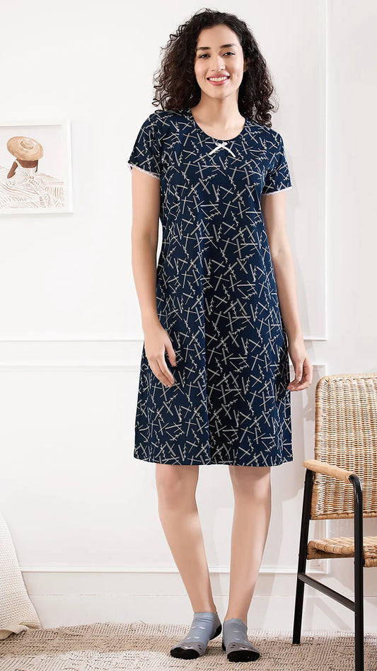 Sukanya  Women's Printed Lounge Wear Gown - Ink Blue, Regular Fit, Ideal for Women's, Sinker Fabric, Half Sleeves, Round Neck