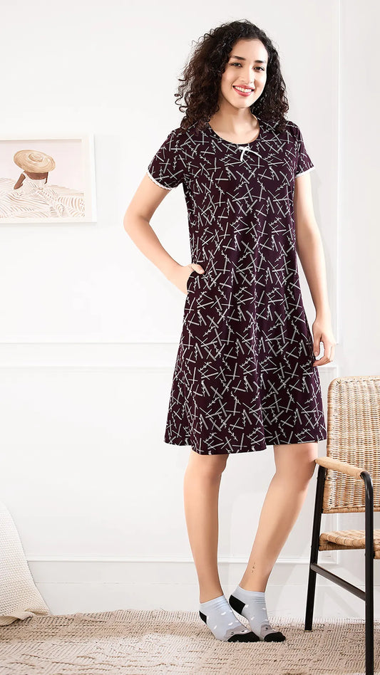 Sukanya  Women's Printed Lounge Wear Gown - Purple, Regular Fit, Ideal for Women's, Sinker Fabric, Half Sleeves, Round Neck