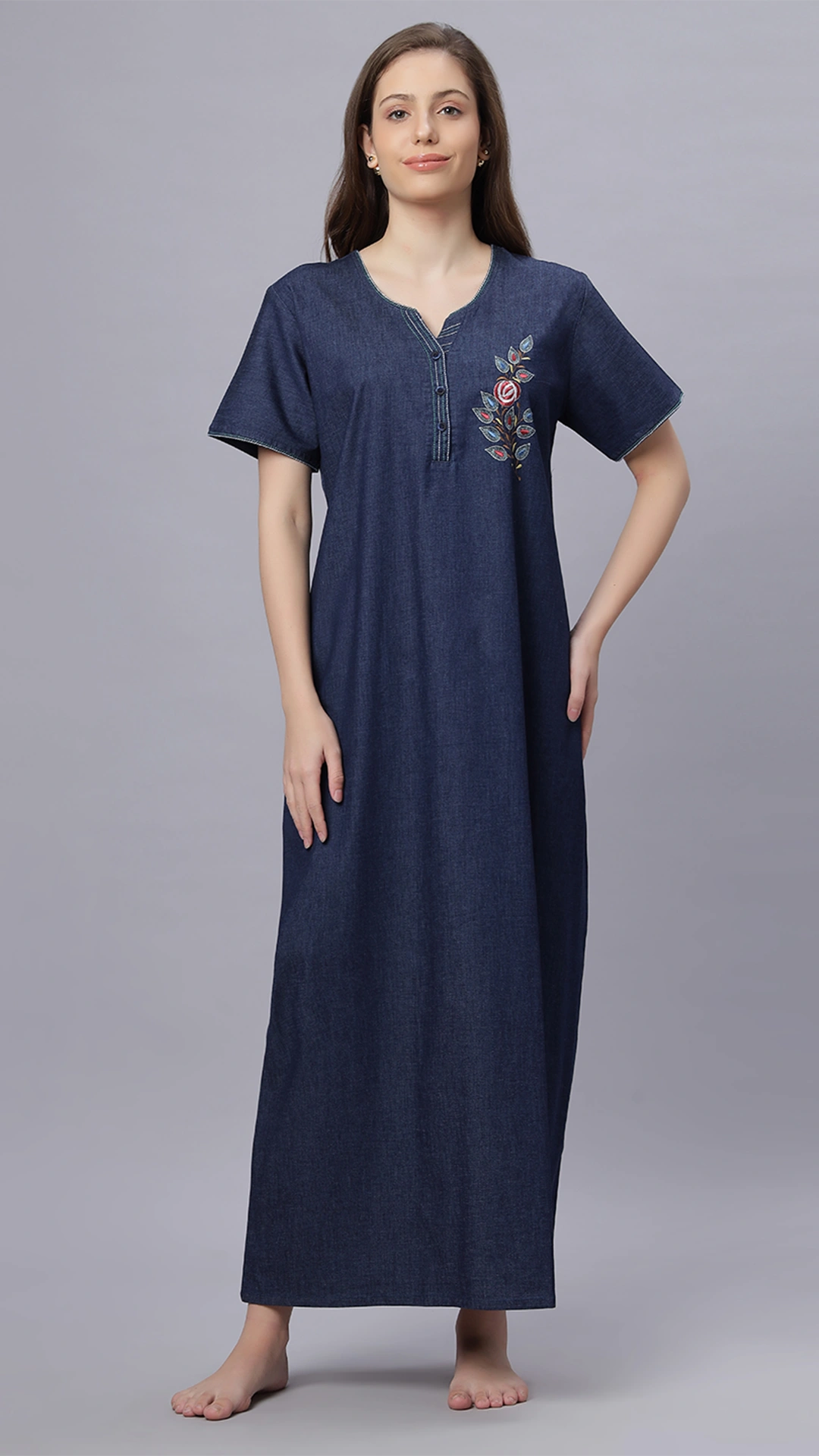 Sukanya Comfortable Women's Full Length Cotton Blend Half Sleeves Nighty, Denim, Soft and Elegant Print Sleepwear