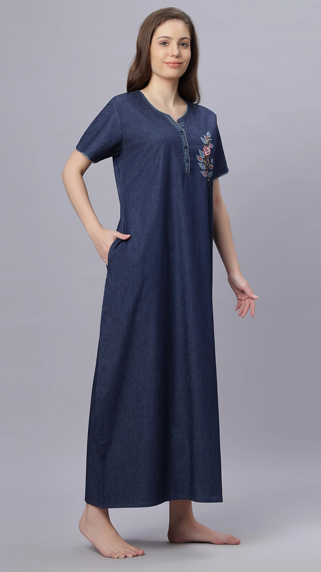 Sukanya Comfortable Women's Full Length Cotton Blend Half Sleeves Nighty, Denim, Soft and Elegant Print Sleepwear