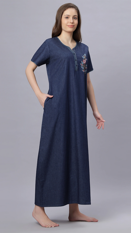 Sukanya Comfortable Women's Full Length Cotton Blend Half Sleeves Nighty, Denim, Soft and Elegant Print Sleepwear