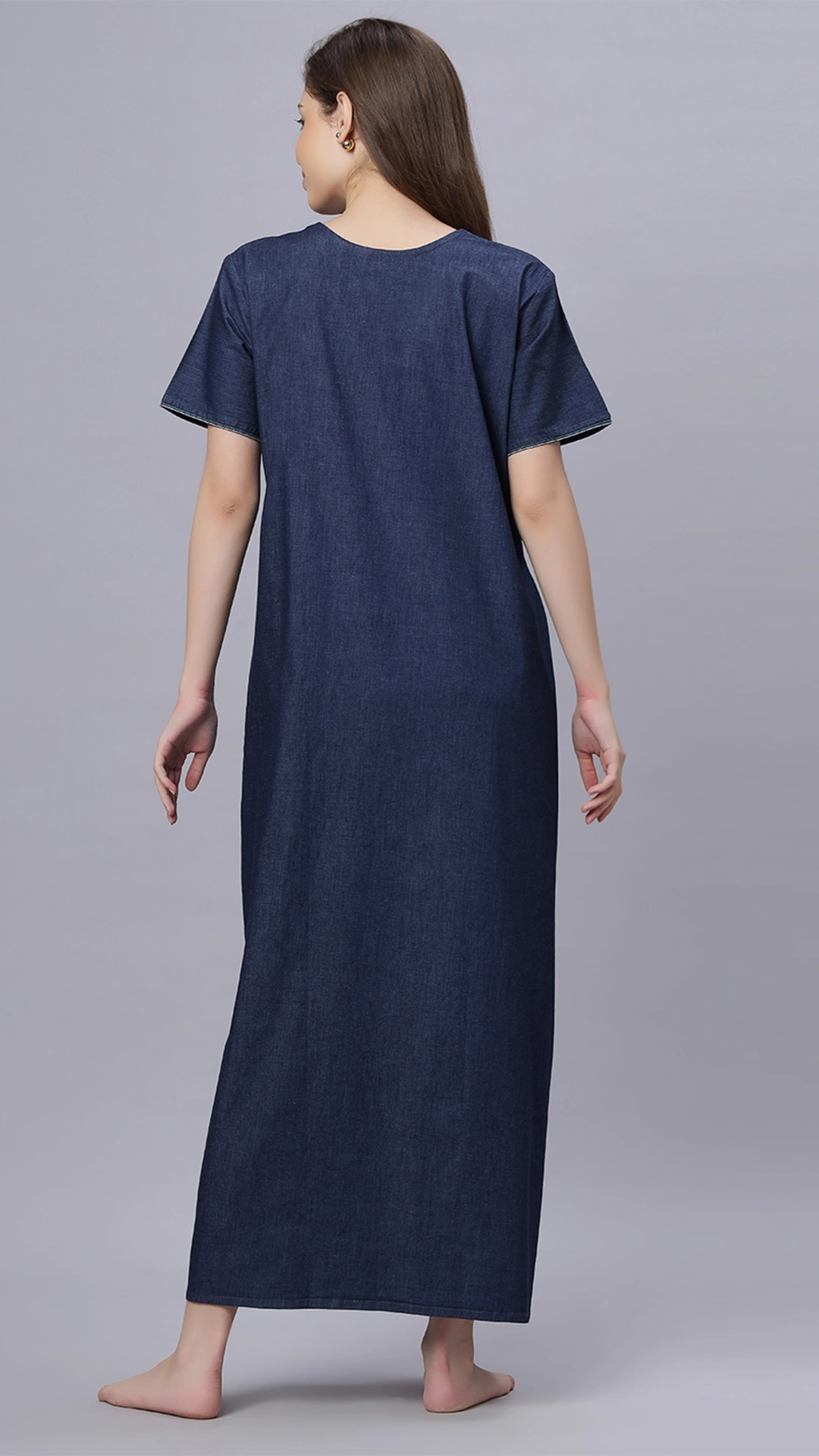 Sukanya Comfortable Women's Full Length Cotton Blend Half Sleeves Nighty, Denim, Soft and Elegant Print Sleepwear