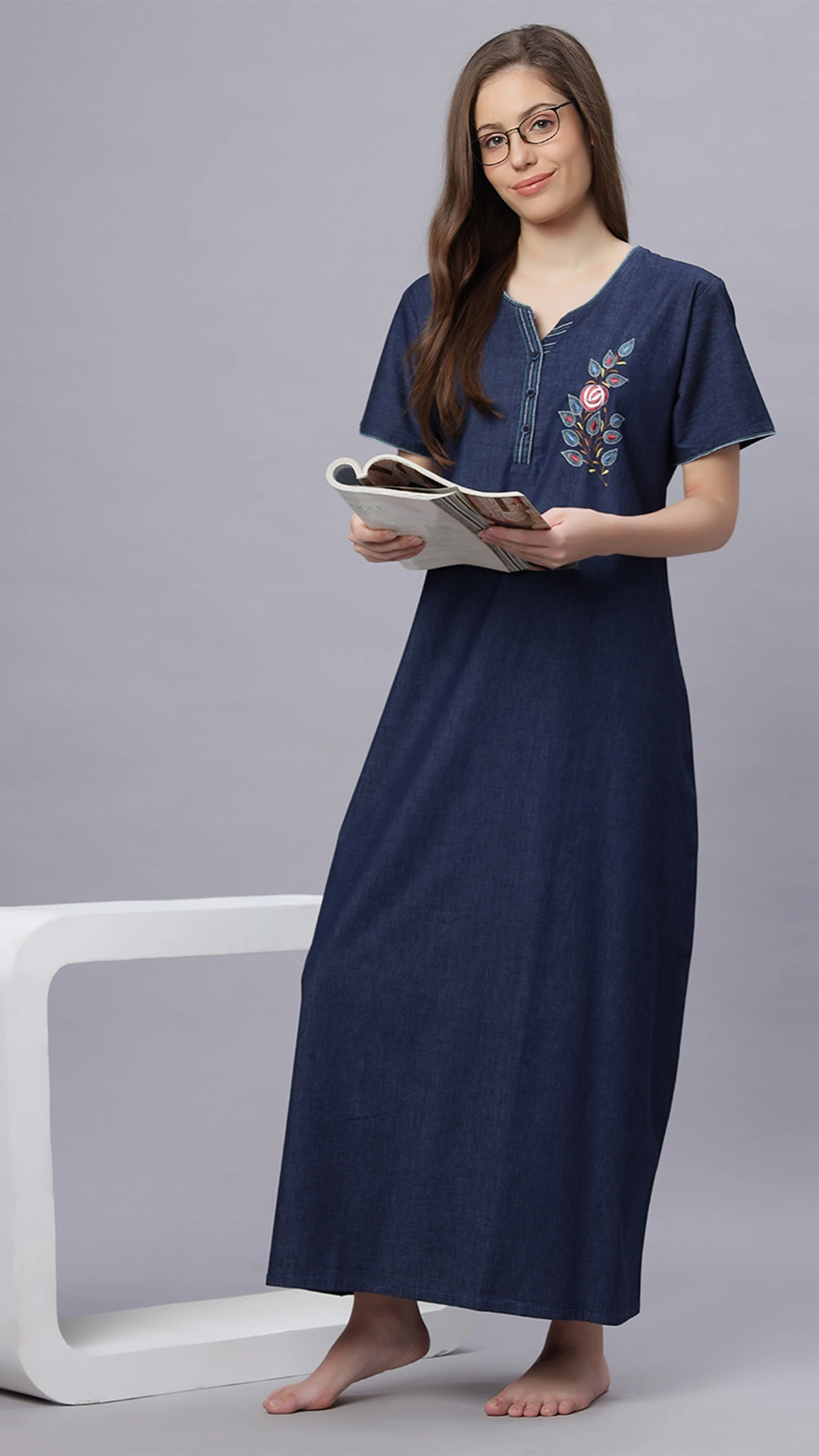 Sukanya Comfortable Women's Full Length Cotton Blend Half Sleeves Nighty, Denim, Soft and Elegant Print Sleepwear