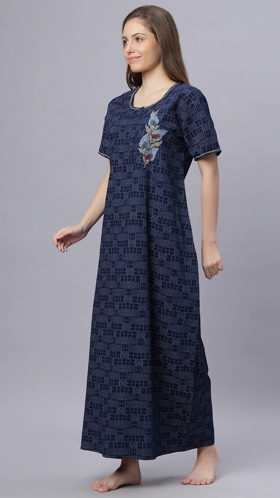 Sukanya Comfortable Women's Full Length Cotton Blend Half Sleeves Nighty, Blue, Soft and Elegant Print Sleepwear