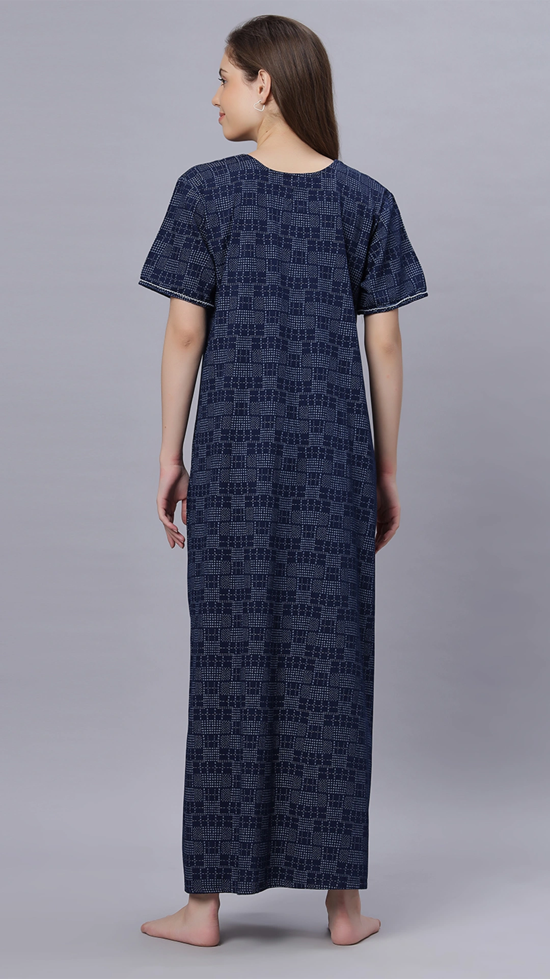 Sukanya Comfortable Women's Full Length Cotton Blend Half Sleeves Nighty, Blue, Soft and Elegant Print Sleepwear