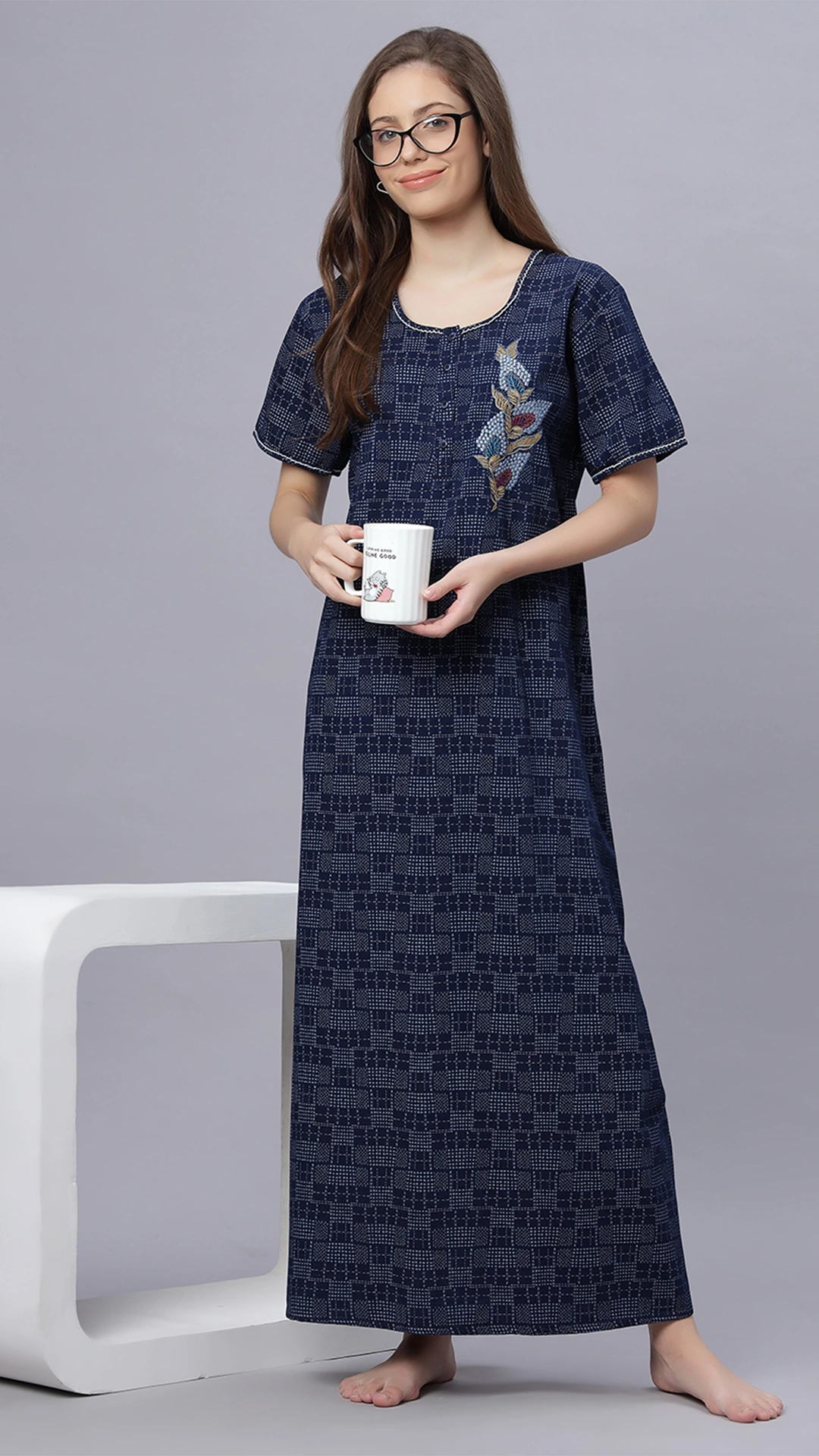 Sukanya Comfortable Women's Full Length Cotton Blend Half Sleeves Nighty, Blue, Soft and Elegant Print Sleepwear