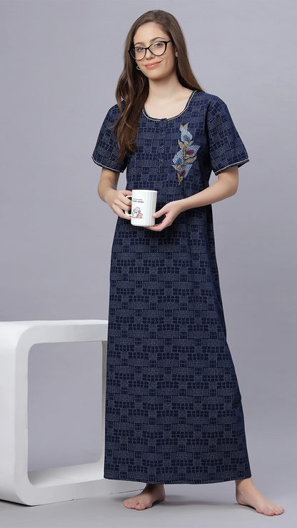 Sukanya Comfortable Women's Full Length Cotton Blend Half Sleeves Nighty, Blue, Soft and Elegant Print Sleepwear