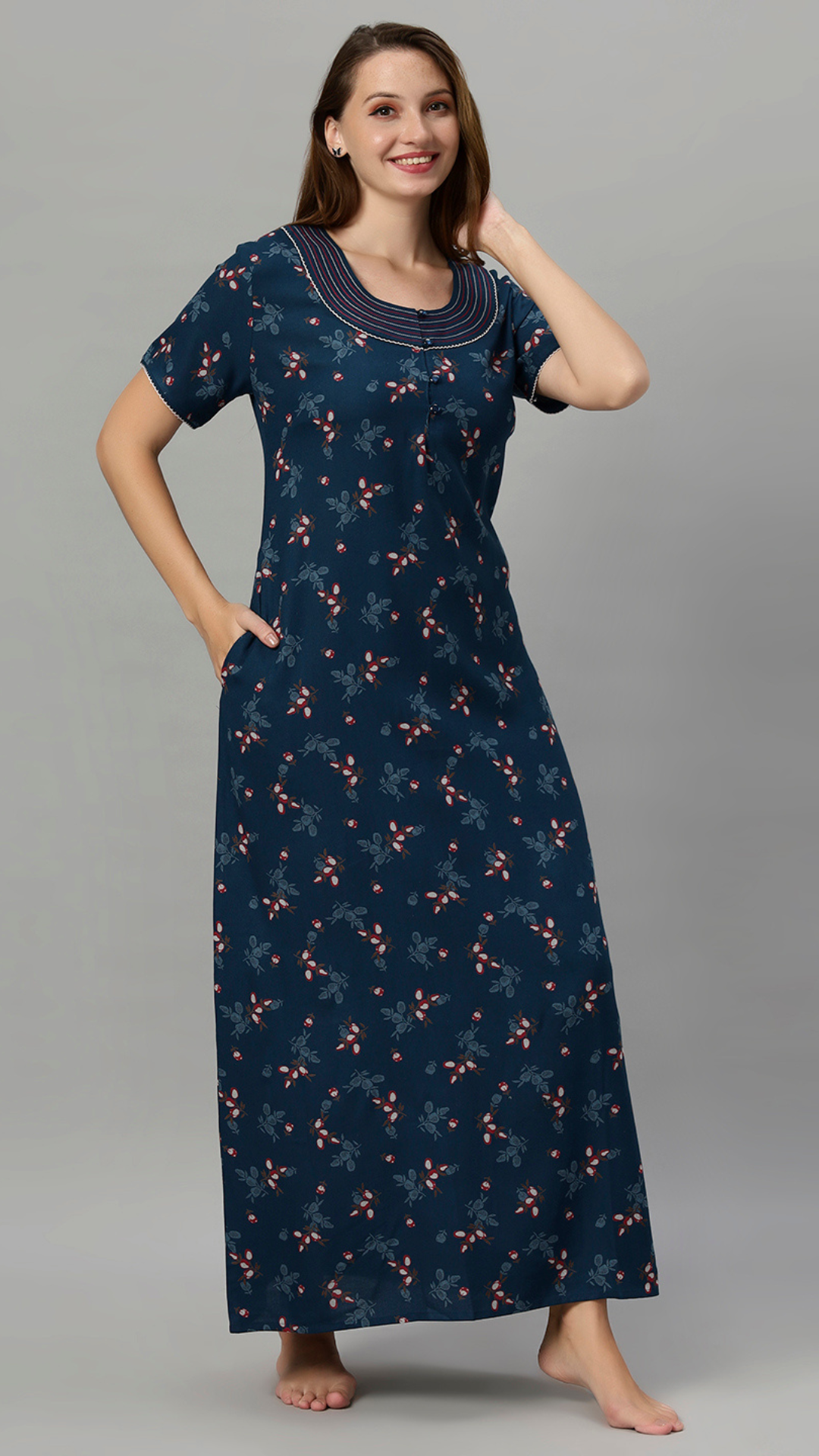 Sukanya Women's Leaf Print Lounge Wear Gown -VISCOSE POLYSTER, Regular Fit, Half Sleeves, Round Neck