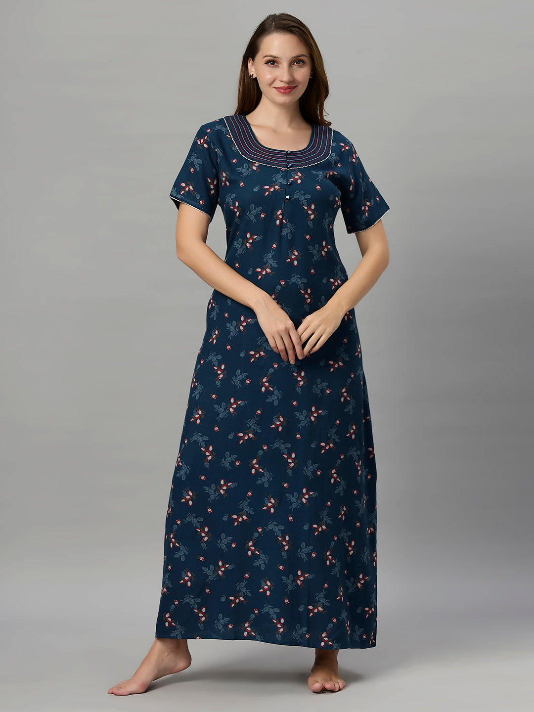 Sukanya Women's Leaf Print Lounge Wear Gown -VISCOSE POLYSTER, Regular Fit, Half Sleeves, Round Neck