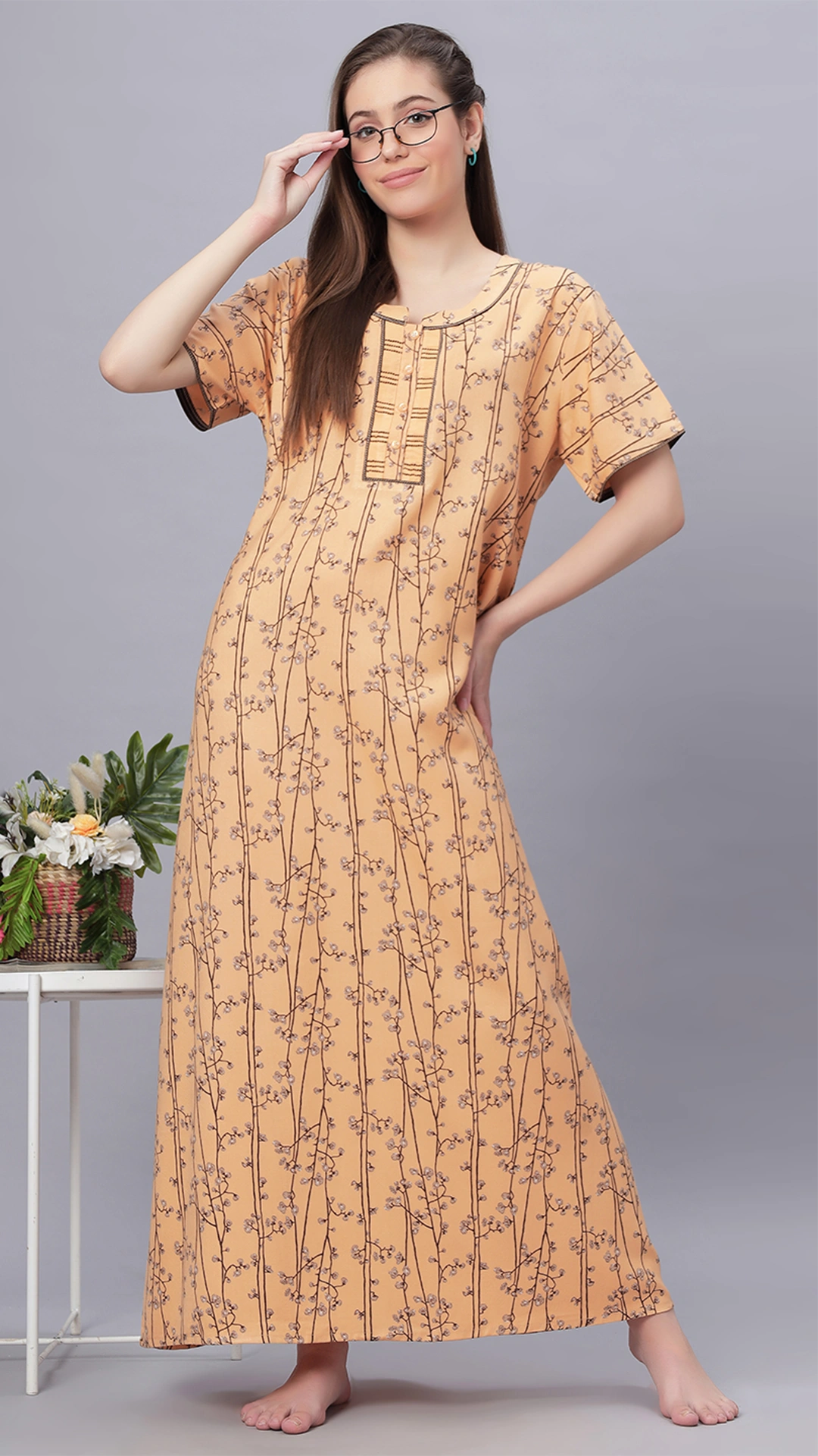 Sukanya Comfortable Women's Full Length Cotton Blend Half Sleeves Nighty, Gold, Mehendi & Orange, Soft and Elegant Print Sleepwear
