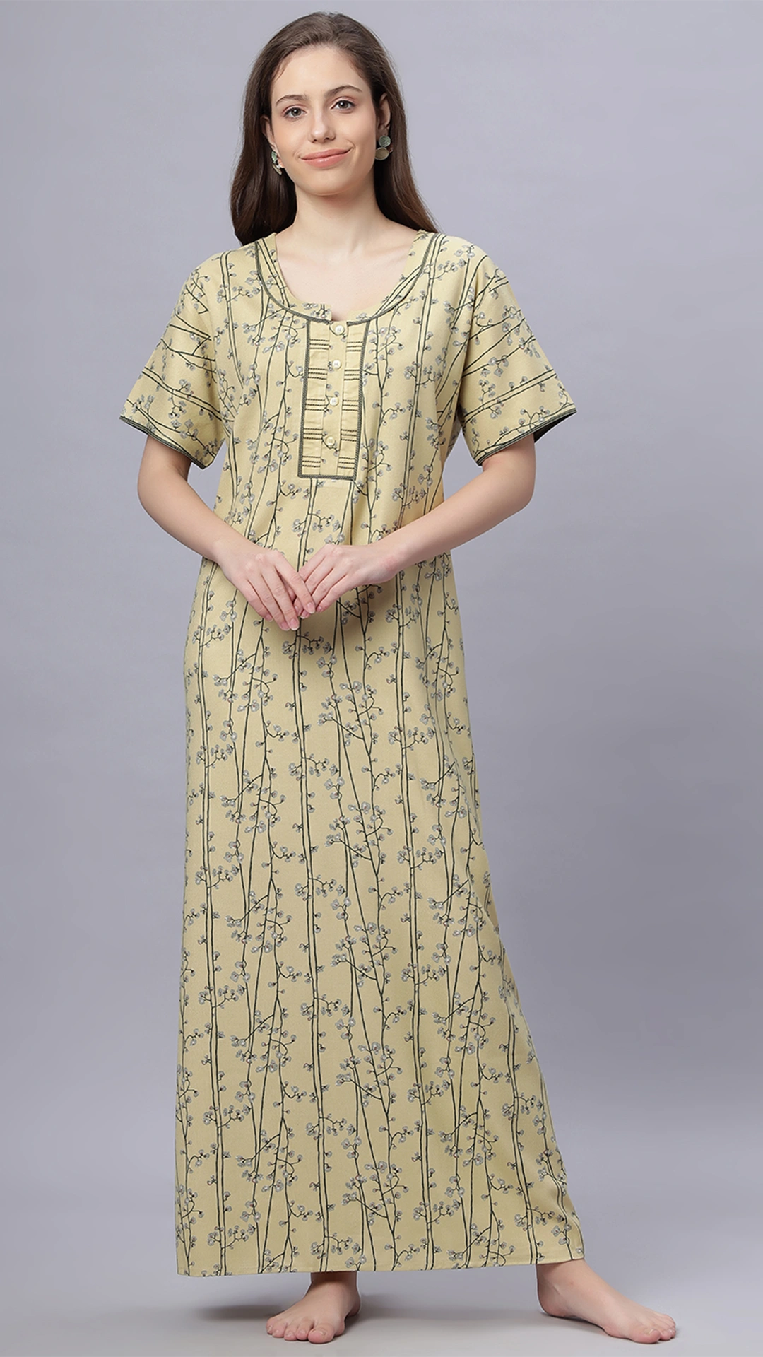 Sukanya Comfortable Women's Full Length Cotton Blend Half Sleeves Nighty, Gold, Mehendi & Orange, Soft and Elegant Print Sleepwear