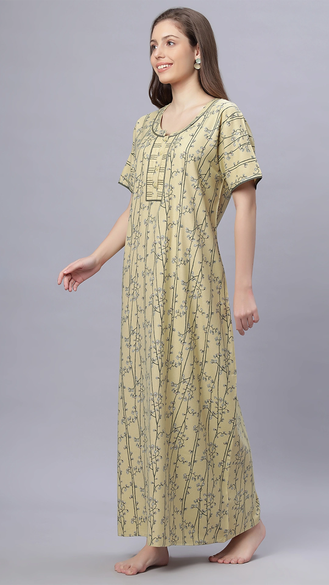 Sukanya Comfortable Women's Full Length Cotton Blend Half Sleeves Nighty, Gold, Mehendi & Orange, Soft and Elegant Print Sleepwear