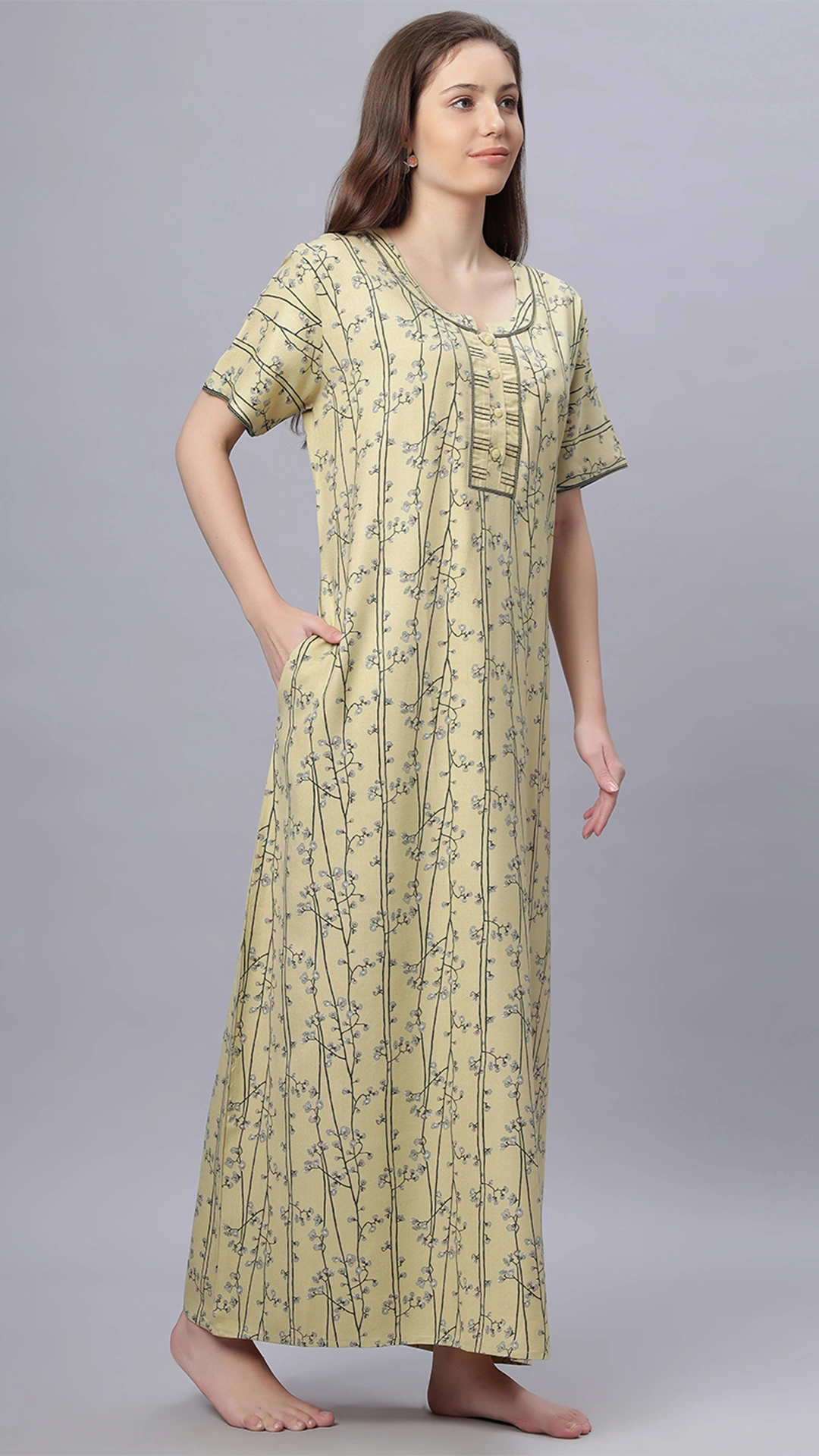 Sukanya Comfortable Women's Full Length Cotton Blend Half Sleeves Nighty, Gold, Mehendi & Orange, Soft and Elegant Print Sleepwear