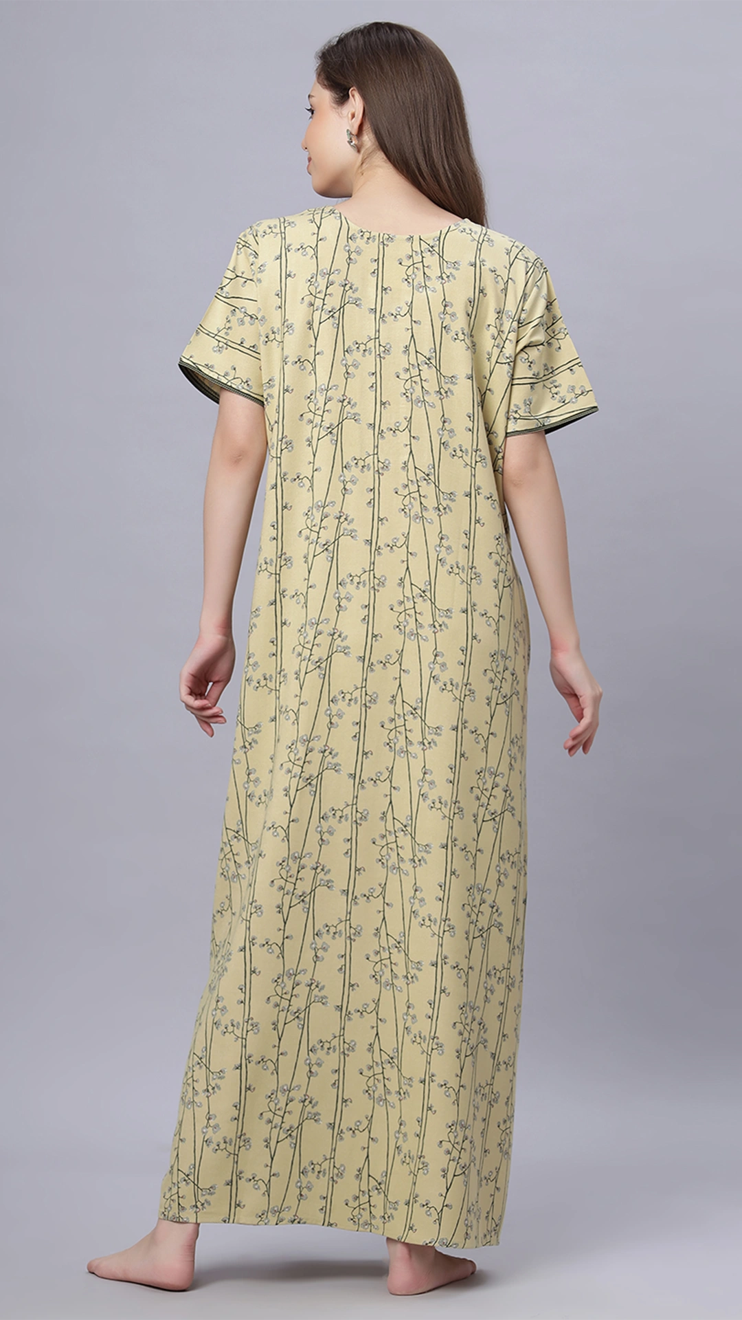 Sukanya Comfortable Women's Full Length Cotton Blend Half Sleeves Nighty, Gold, Mehendi & Orange, Soft and Elegant Print Sleepwear