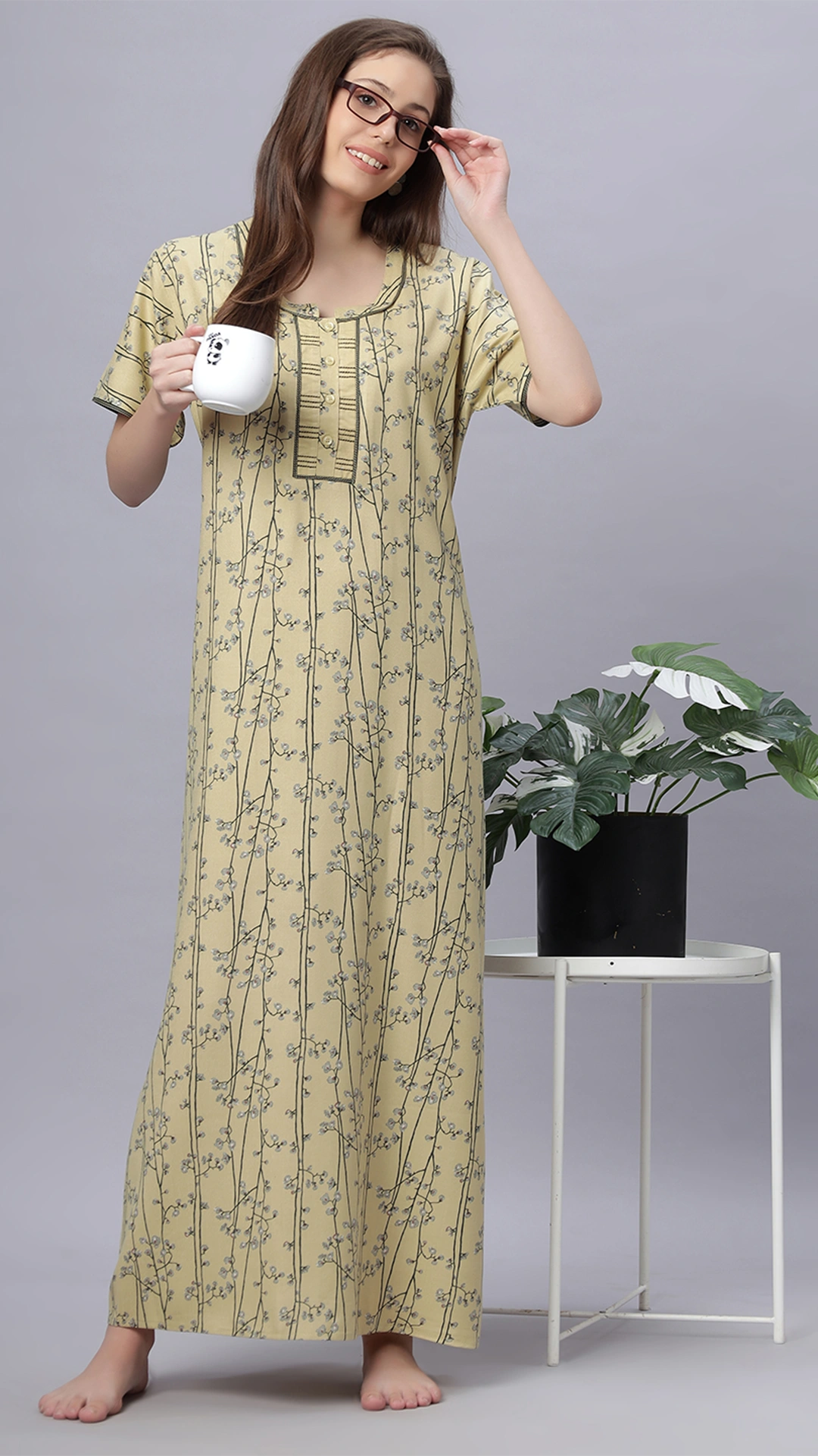 Sukanya Comfortable Women's Full Length Cotton Blend Half Sleeves Nighty, Gold, Mehendi & Orange, Soft and Elegant Print Sleepwear