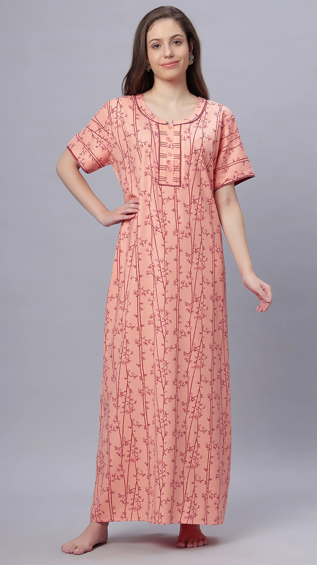 Sukanya Comfortable Women's Full Length Cotton Blend Half Sleeves Nighty, Gold, Mehendi & Orange, Soft and Elegant Print Sleepwear