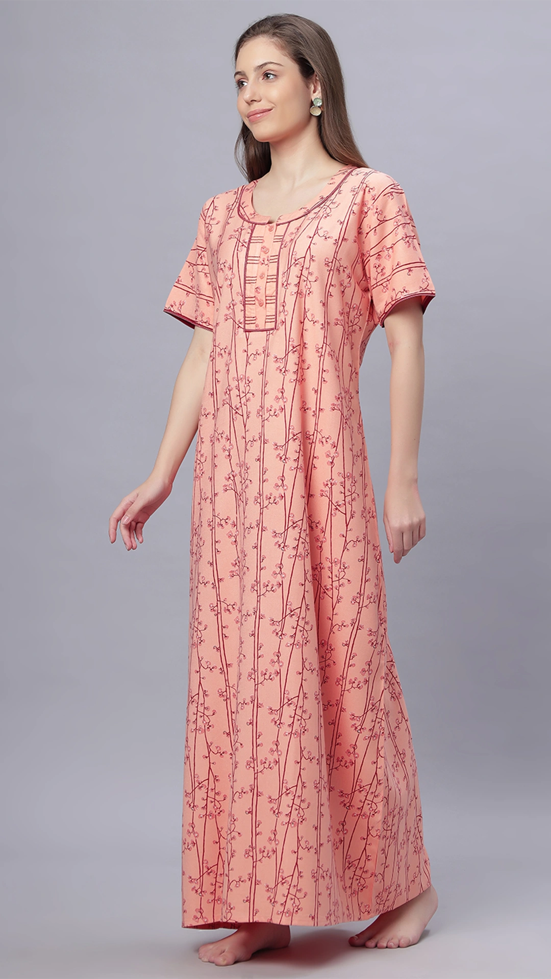 Sukanya Comfortable Women's Full Length Cotton Blend Half Sleeves Nighty, Gold, Mehendi & Orange, Soft and Elegant Print Sleepwear