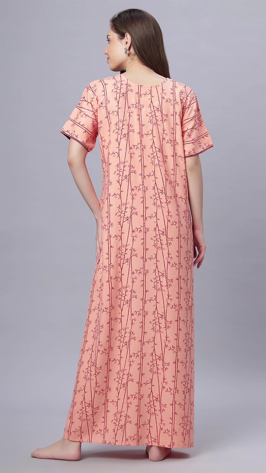 Sukanya Comfortable Women's Full Length Cotton Blend Half Sleeves Nighty, Gold, Mehendi & Orange, Soft and Elegant Print Sleepwear