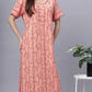 Sukanya Comfortable Women's Full Length Cotton Blend Half Sleeves Nighty, Gold, Mehendi & Orange, Soft and Elegant Print Sleepwear