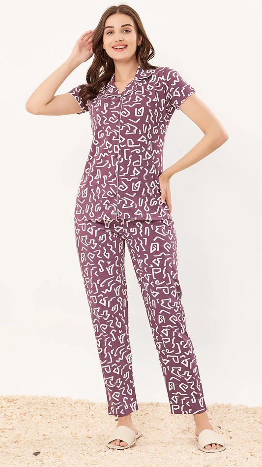 Sukanya  Women's Printed Sinker Nightsuit Set , Front Open Lounge Wear Nightdress Pyjama Set Sleepwear, Mauve Printed Half Sleeves Round Neck