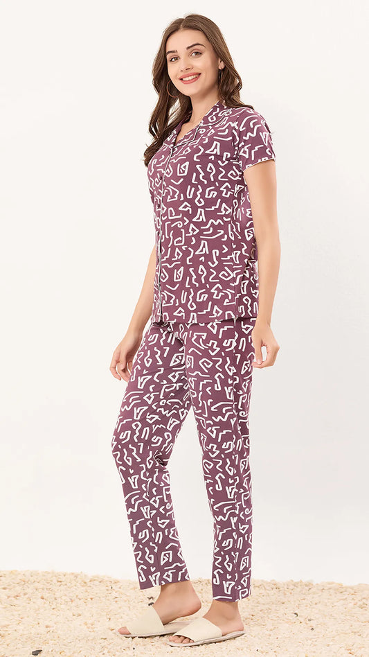 Sukanya  Women's Printed Sinker Nightsuit Set , Front Open Lounge Wear Nightdress Pyjama Set Sleepwear, Mauve Printed Half Sleeves Round Neck
