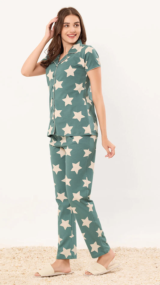 Sukanya  Women's Printed Sinker Nightsuit Set, Front Open Lounge Wear Nightdress Pyjama Set Sleepwear, Green Printed Half Sleeves Round Neck