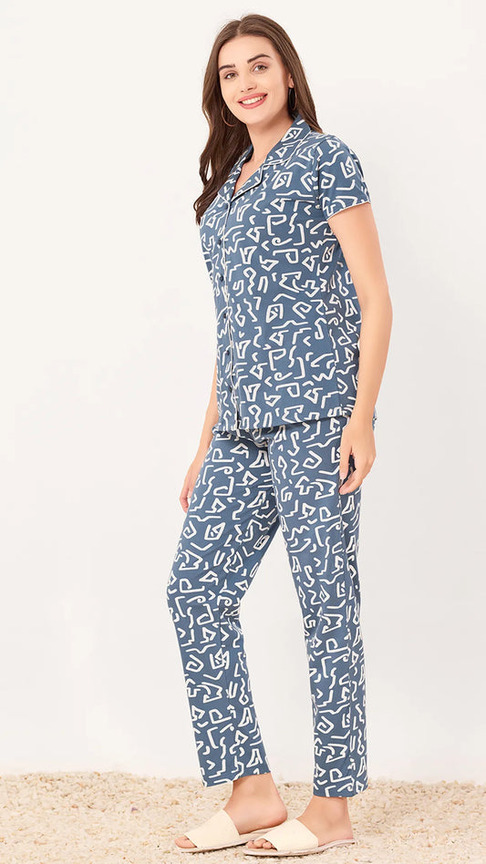 Sukanya  Women's Printed Sinker Nightsuit Set, Front Open Lounge Wear Nightdress Pyjama Set Sleepwear, Blue Printed Half Sleeves Round Neck