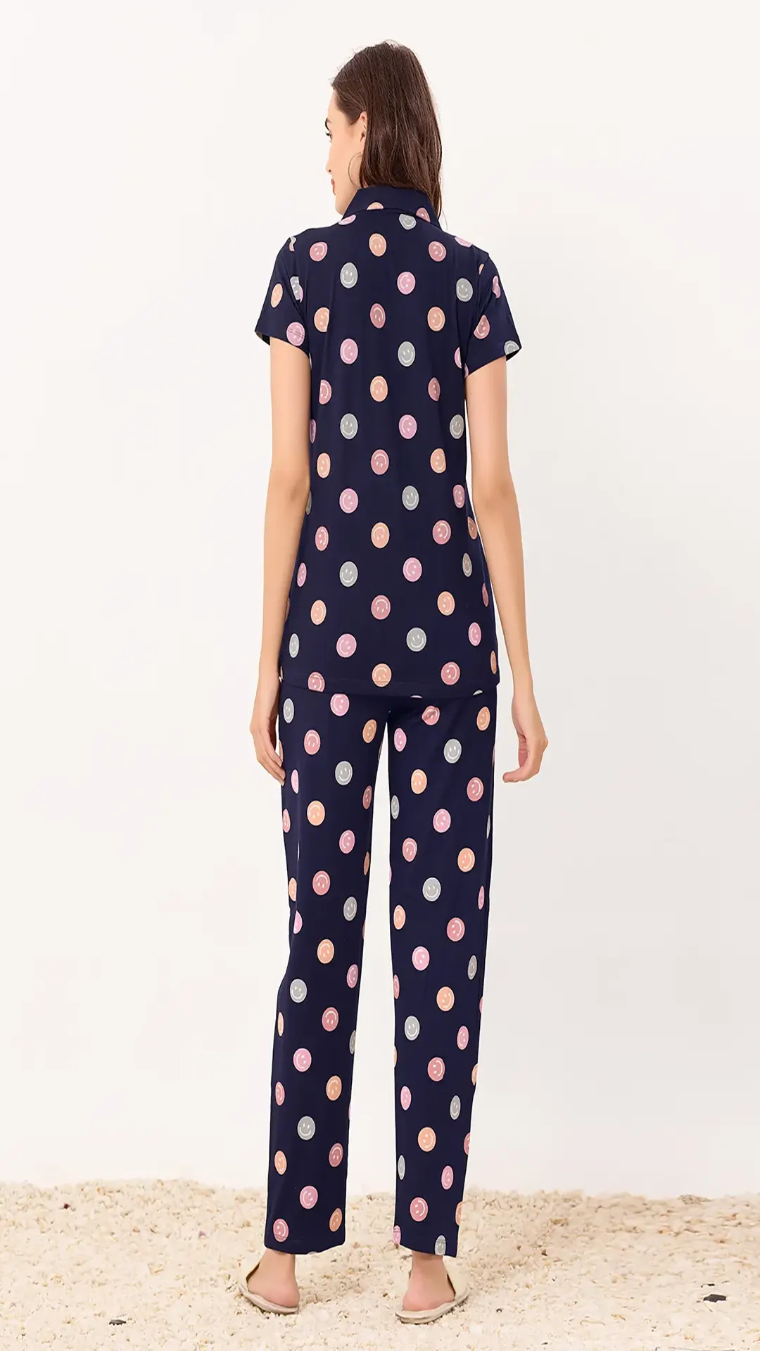 Navy Printed Half Sleeves Round Neck