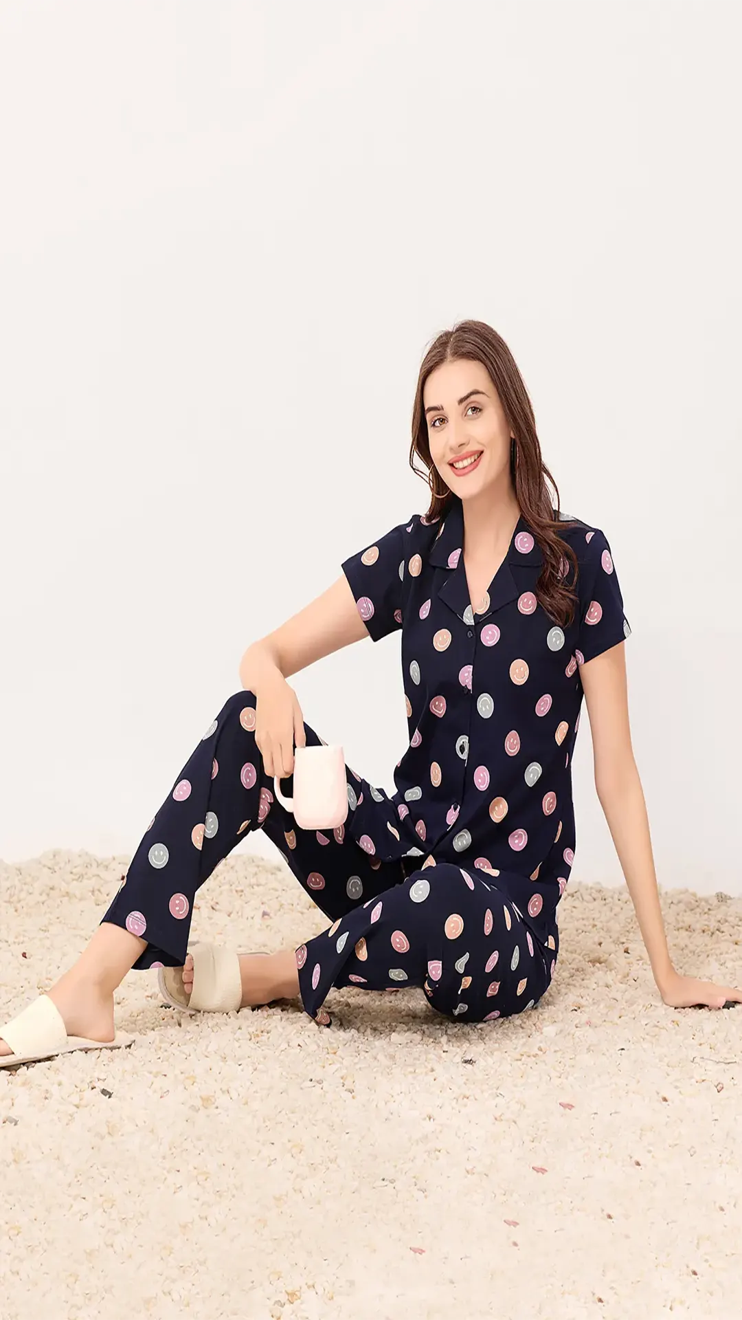Navy Printed Half Sleeves Round Neck