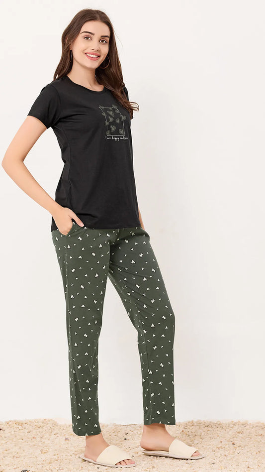 Sukanya  Women's Printed Sinker Nightsuit Set, Regular Fit Loungewear, Ideal for Women, Lounge Wear Nightdress Pyjama Set Sleepwear, Black Printed Half Sleeves Round Neck