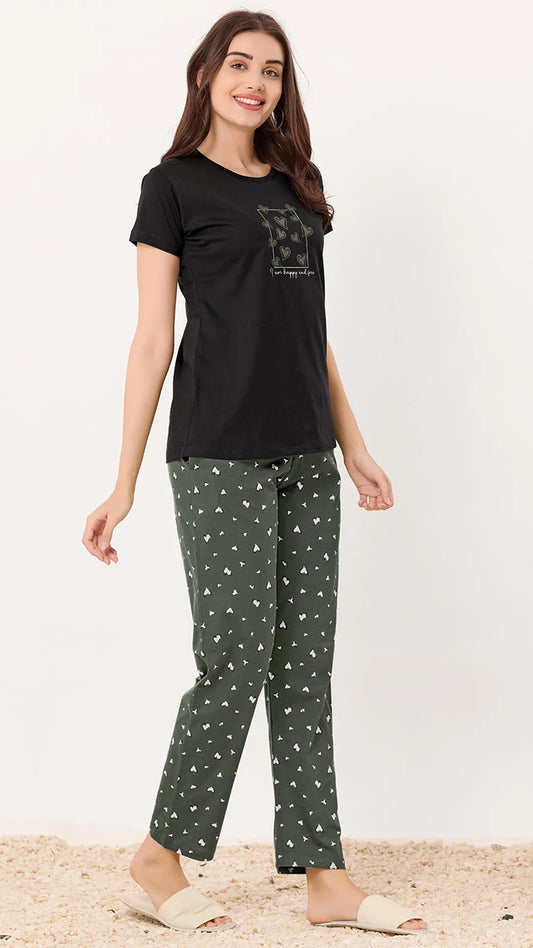 Sukanya  Women's Printed Sinker Nightsuit Set, Regular Fit Loungewear, Ideal for Women, Lounge Wear Nightdress Pyjama Set Sleepwear, Black Printed Half Sleeves Round Neck