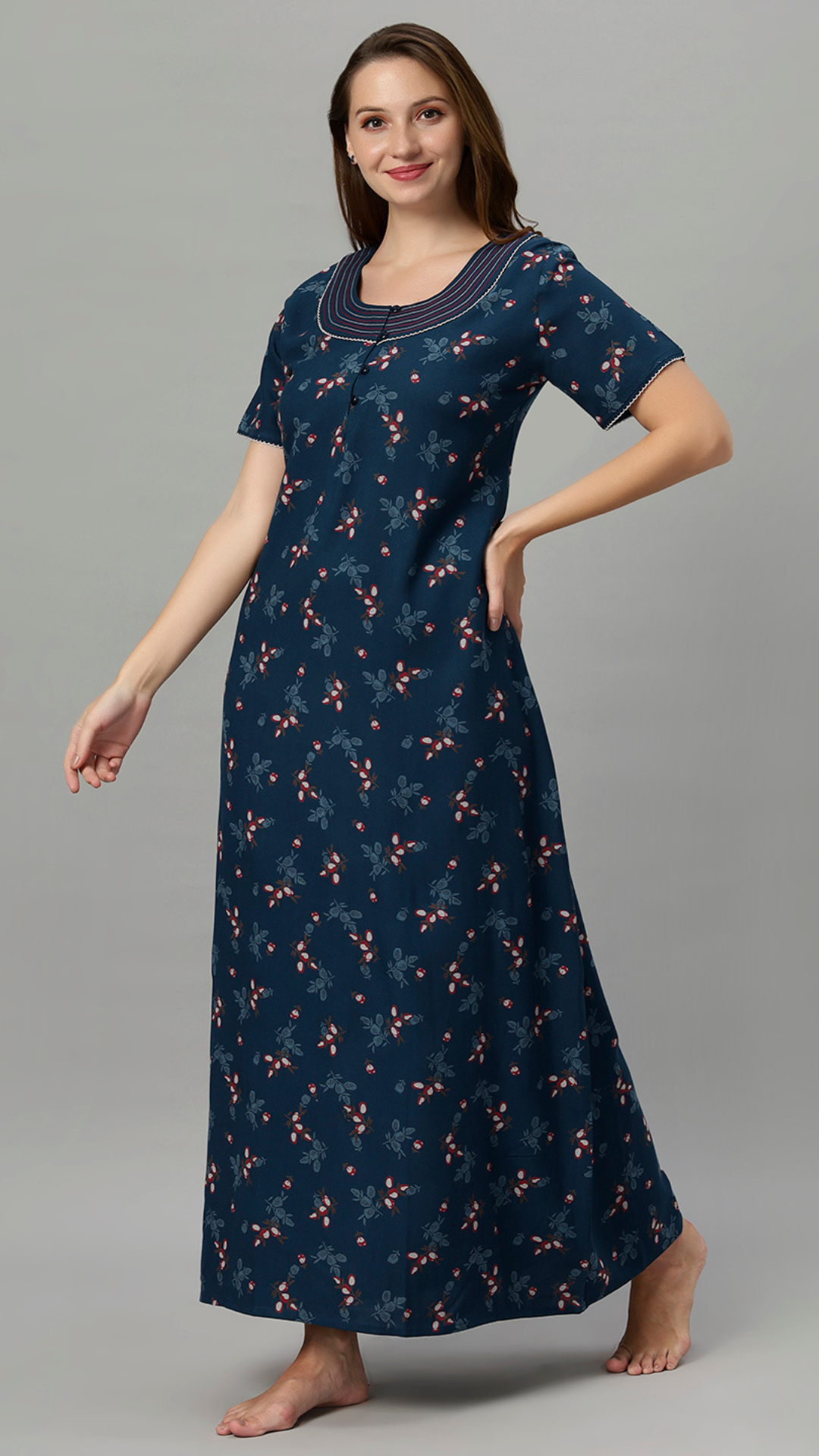 Sukanya Women's Leaf Print Lounge Wear Gown -VISCOSE POLYSTER, Regular Fit, Half Sleeves, Round Neck