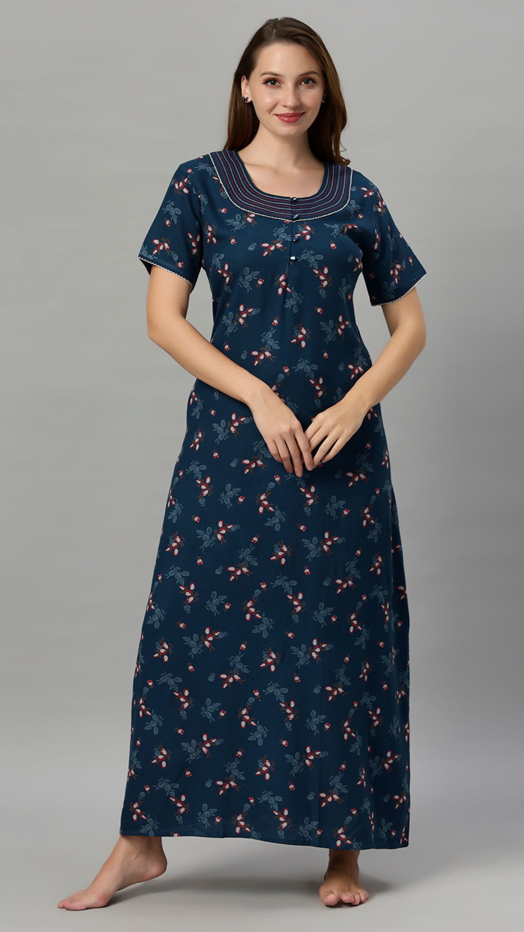 Sukanya Women's Leaf Print Lounge Wear Gown -VISCOSE POLYSTER, Regular Fit, Half Sleeves, Round Neck