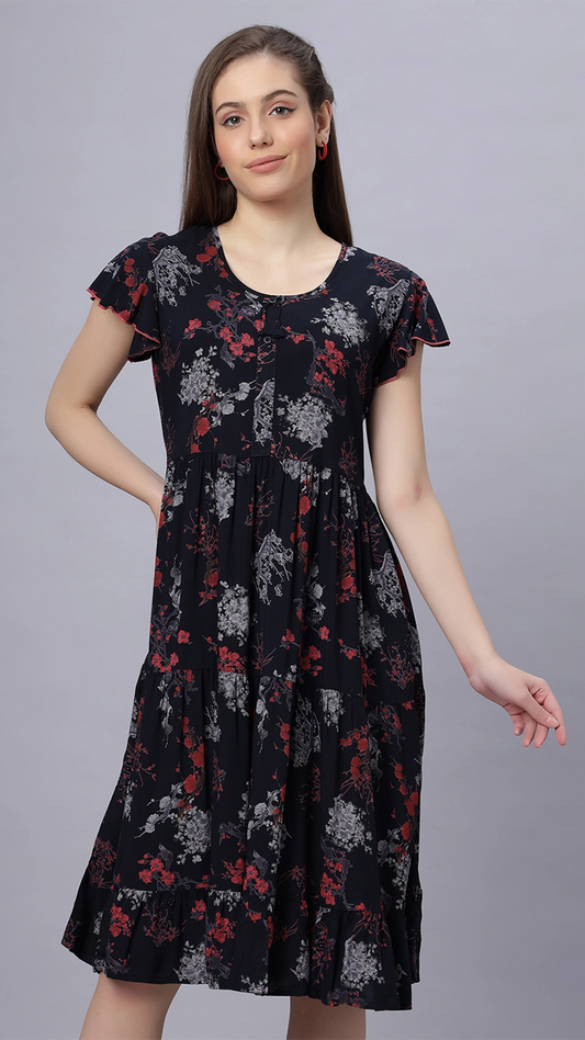Sukanya Comfortable Women's Full Length Cotton Blend Half Sleeves Nighty, Black, Soft and Elegant Print Sleepwear