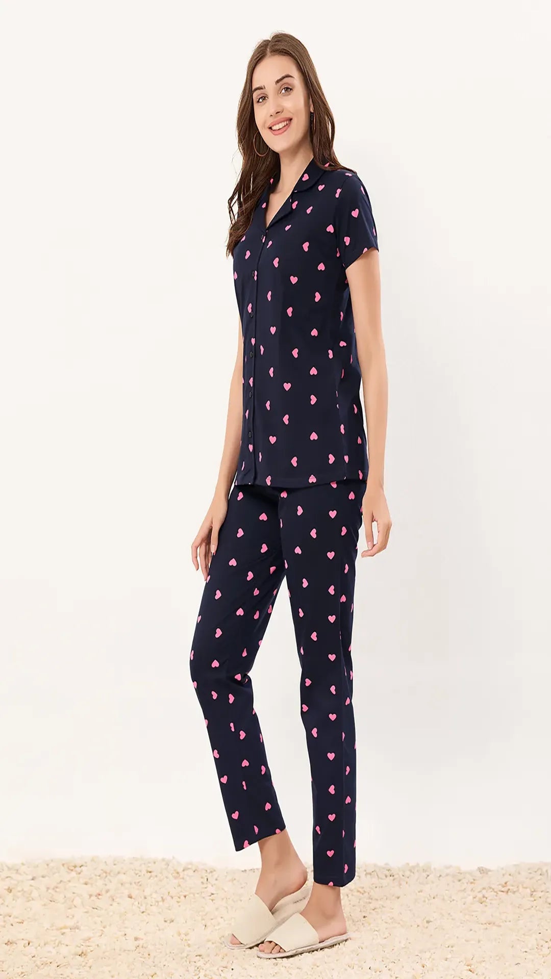 Navy Printed Half Sleeves Round Neck