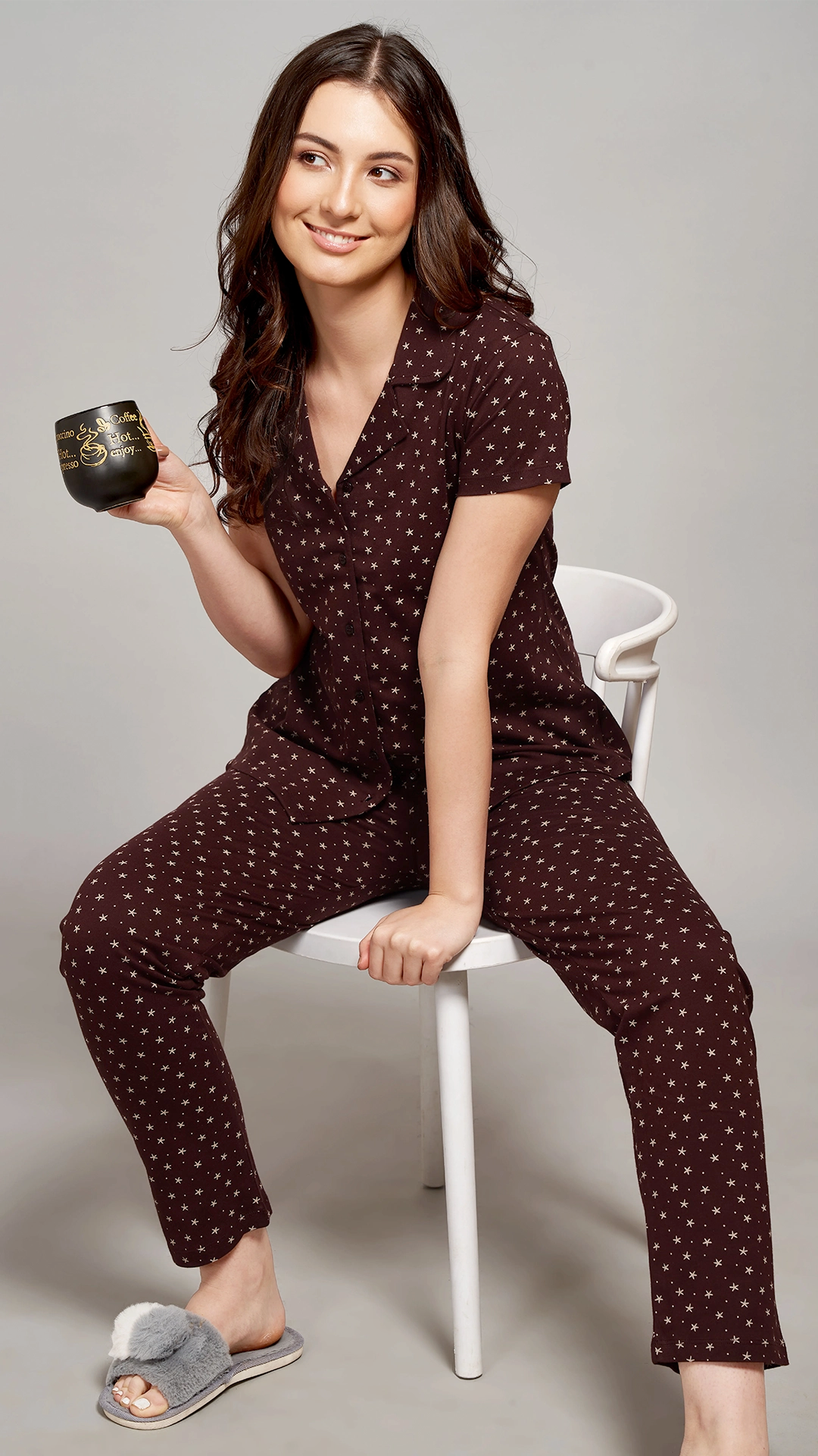 Coffee Printed Half Sleeves Round Neck
