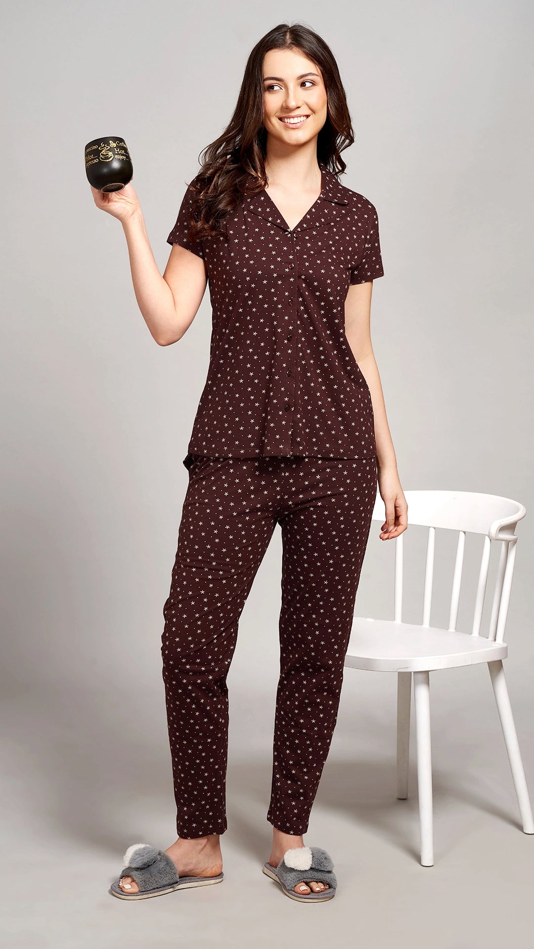 Coffee Printed Half Sleeves Round Neck