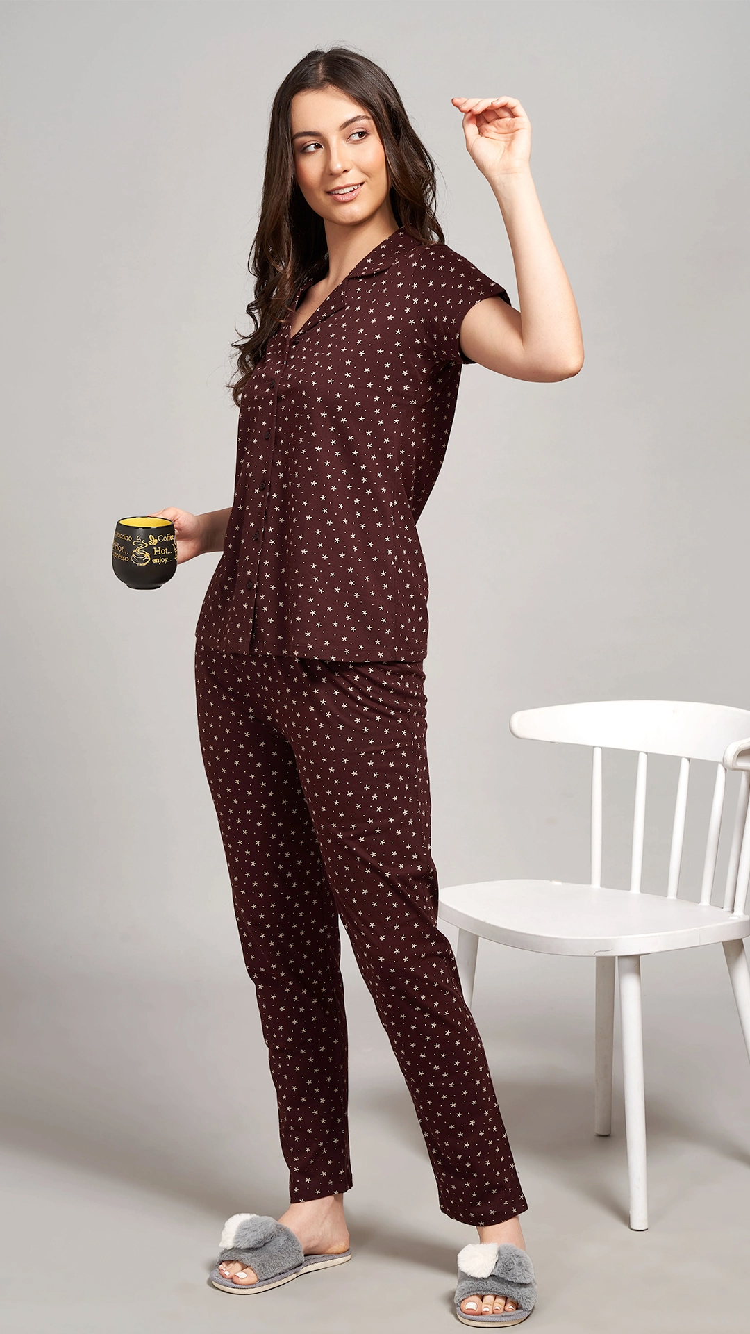 Coffee Printed Half Sleeves Round Neck