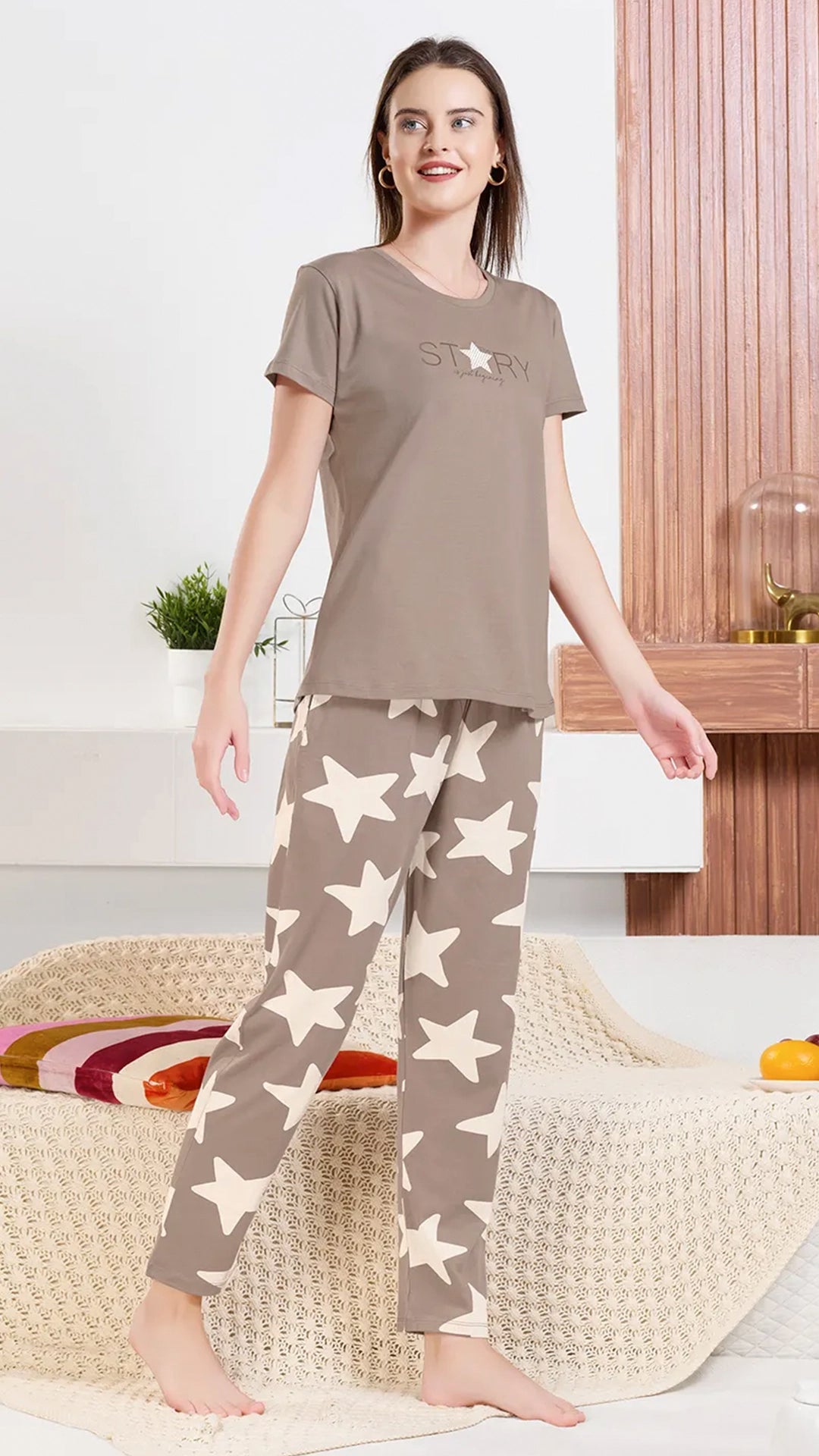 Mauve Printed Half Sleeves Round Neck