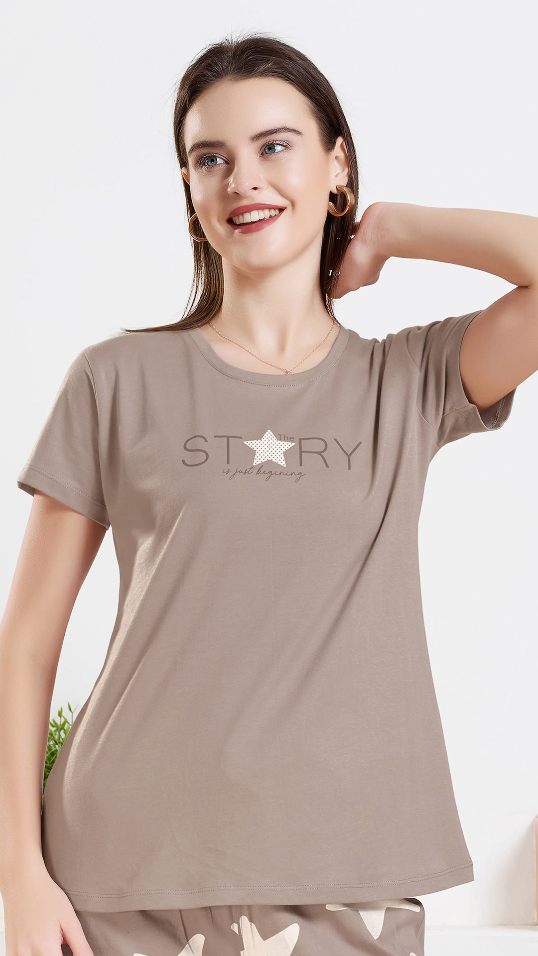 Mauve Printed Half Sleeves Round Neck