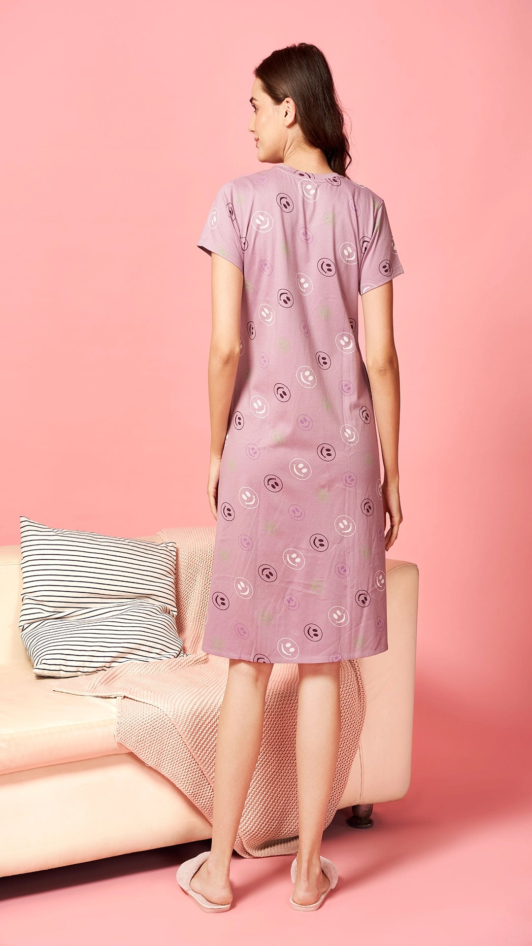Sukanya  Women's Printed Lounge Wear Gown - Pink, Regular Fit, Ideal for Women's, Sinker Fabric, Half Sleeves, Round Neck