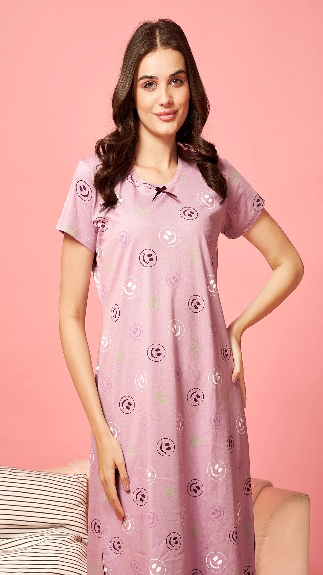 Sukanya  Women's Printed Lounge Wear Gown - Pink, Regular Fit, Ideal for Women's, Sinker Fabric, Half Sleeves, Round Neck