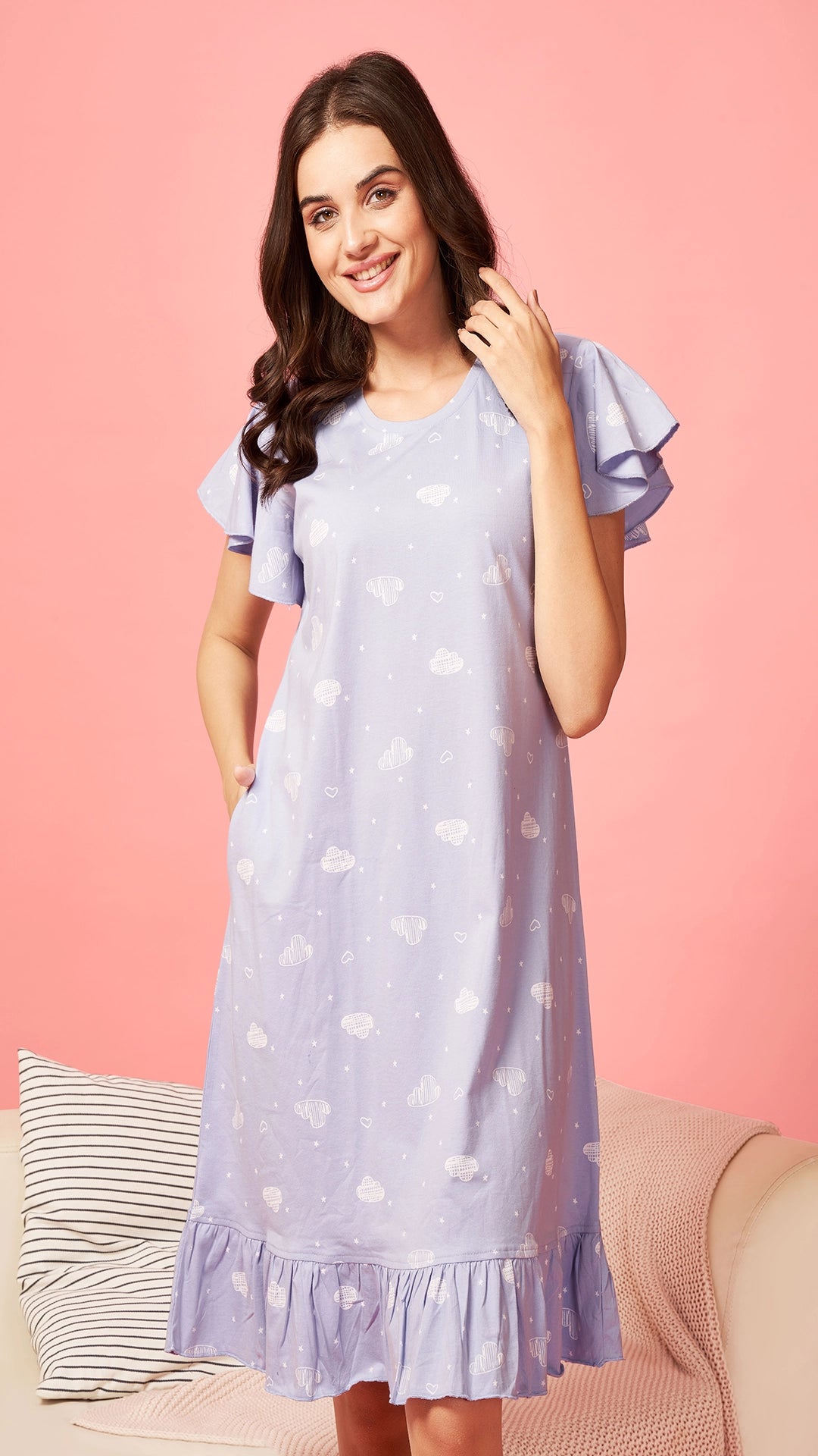 Sukanya  Women's Printed Lounge Wear Gown - Green, Regular Fit, Ideal for Women's, Sinker Fabric, Half Sleeves, Round Neck