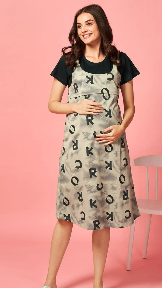 Sukanya Women's Cotton  Calf Length Maternity Nighty, Green Printed Half Sleeves Round Neck