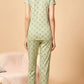 Sukanya  Women's Printed Sinker Nightsuit Set , Frount Open Lounge Wear Nightdress Pyjama Set Sleepwear , Green Printed Half Sleeves Round Neck.