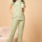 Sukanya  Women's Printed Sinker Nightsuit Set , Frount Open Lounge Wear Nightdress Pyjama Set Sleepwear , Green Printed Half Sleeves Round Neck.